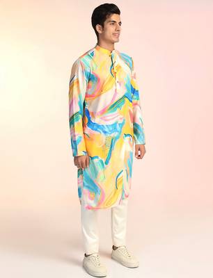 Multicolor cotton blend kurta pajama set for men with printed design 3