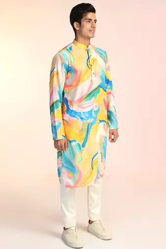 Multicolor cotton blend kurta pajama set for men with printed design