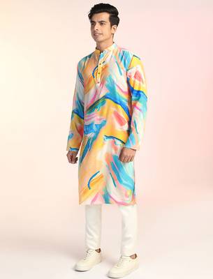 Multicolor cotton blend kurta pajama set for men with printed design 4