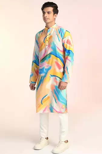Multicolor cotton blend kurta pajama set for men with printed design