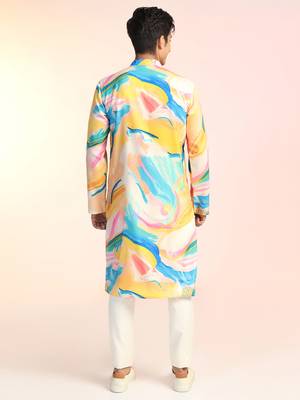 Multicolor cotton blend kurta pajama set for men with printed design 5