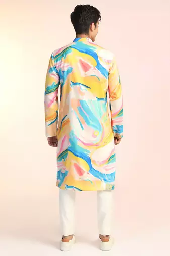Multicolor cotton blend kurta pajama set for men with printed design