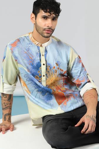 Cream cotton blend short kurta for men with printed design