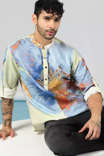 Cream cotton blend short kurta for men with printed design