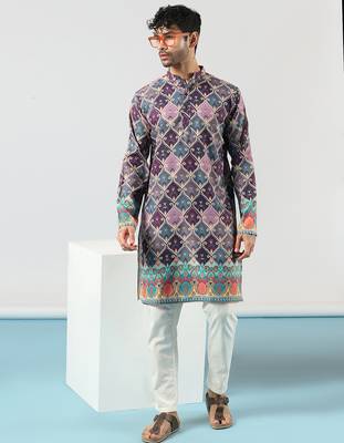 Purple cotton blend kurta for men with ethnic motifis print 1