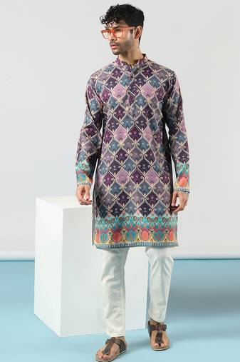 Purple cotton blend kurta for men with ethnic motifis print