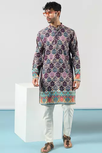 Purple cotton blend kurta for men with ethnic motifis print