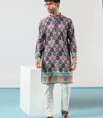 Purple cotton blend kurta for men with ethnic motifis print