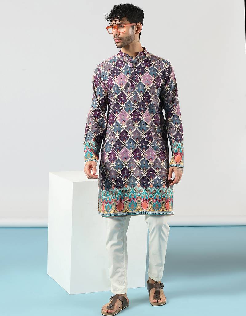 Purple cotton blend kurta for men with ethnic motifis print