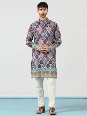 Purple cotton blend kurta for men with ethnic motifis print 2