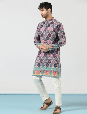 Purple cotton blend kurta for men with ethnic motifis print 3