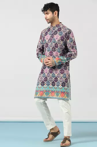 Purple cotton blend kurta for men with ethnic motifis print