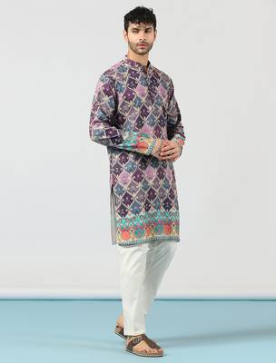 Purple cotton blend kurta for men with ethnic motifis print 4