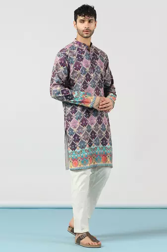 Purple cotton blend kurta for men with ethnic motifis print