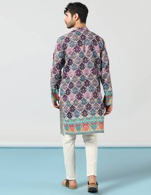 Purple cotton blend kurta for men with ethnic motifis print 5