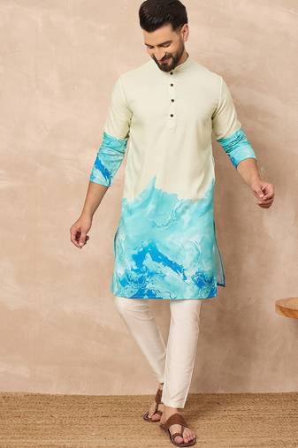 Cream cotton blend kurta for men with ombre print