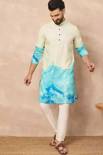 Cream cotton blend kurta for men with ombre print