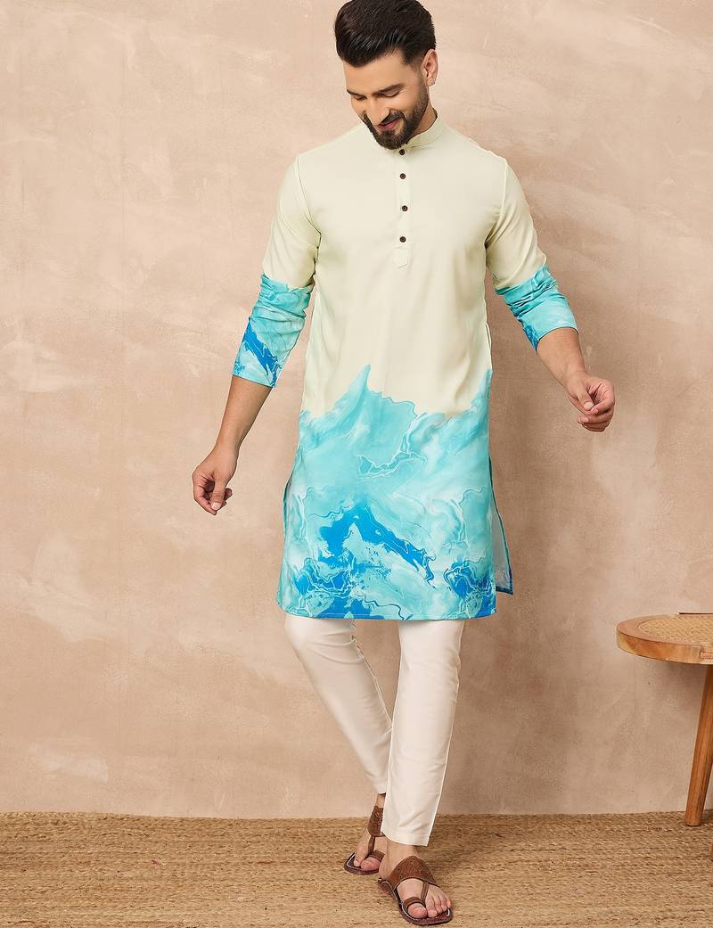 Cream cotton blend kurta for men with ombre print