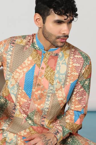 Beige cotton blend kurta for men with ombre print