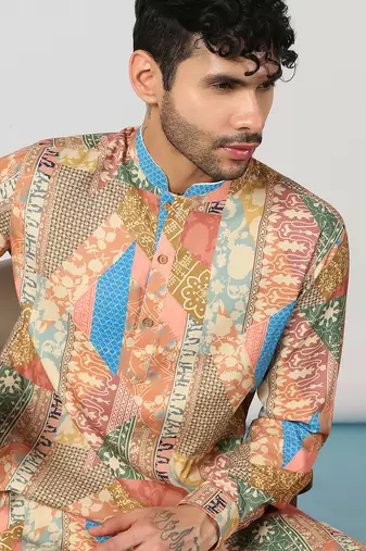 Beige cotton blend kurta for men with ombre print