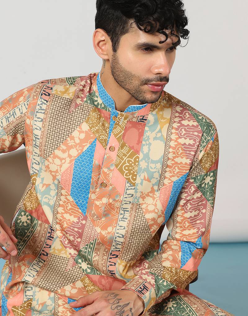 Beige cotton blend kurta for men with ombre print