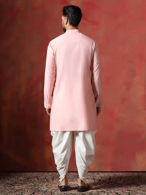 Peach cotton blend kurta for men with solid print 4