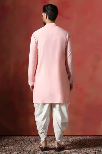 Peach cotton blend kurta for men with solid print