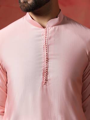 Peach cotton blend kurta for men with solid print 5