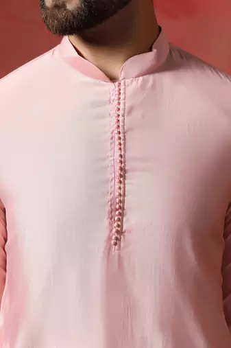 Peach cotton blend kurta for men with solid print