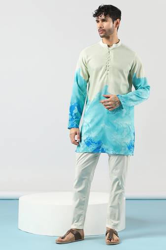 Cream cotton blend kurta for men with ombre print