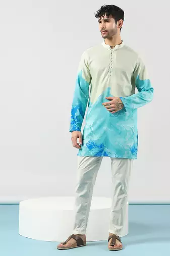 Cream cotton blend kurta for men with ombre print
