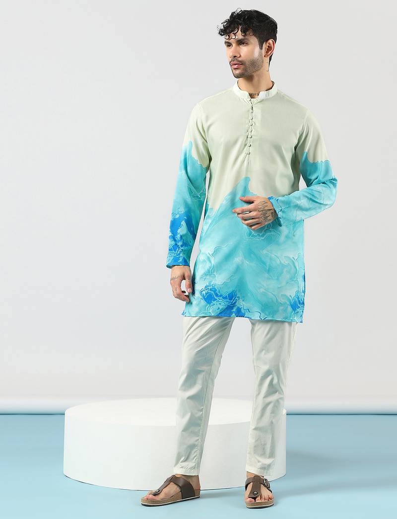 Cream cotton blend kurta for men with ombre print