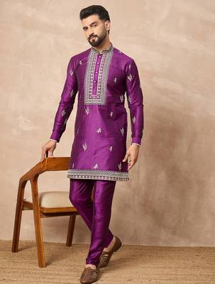 Purple silk blend kurta set for men with daman embroidered work 1