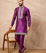 Purple silk blend kurta set for men with daman embroidered work