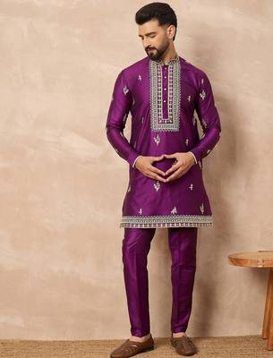 Purple silk blend kurta set for men with daman embroidered work 2