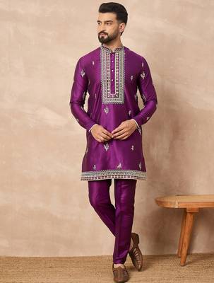Purple silk blend kurta set for men with daman embroidered work 3