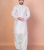 Pink bangalorian silk kurta patiala set for men with embroidery work