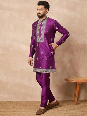 Purple silk blend kurta set for men with daman embroidered work 4