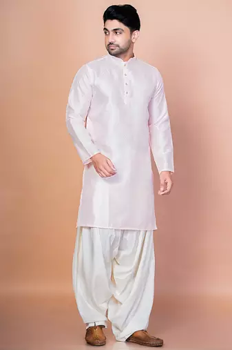 Pink bangalorian silk kurta patiala set for men with embroidery work