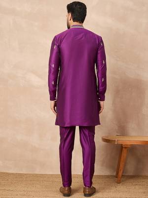Purple silk blend kurta set for men with daman embroidered work 5
