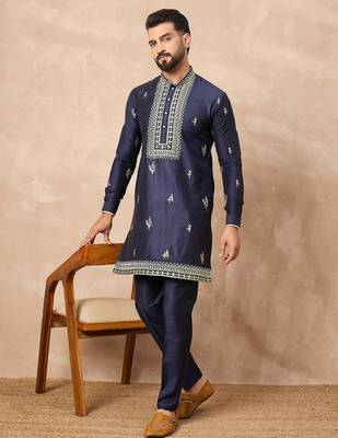 Navy blue silk blend kurta set for men with daman embroidered work 1
