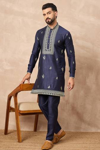 Navy blue silk blend kurta set for men with daman embroidered work