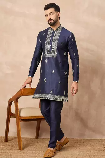 Navy blue silk blend kurta set for men with daman embroidered work