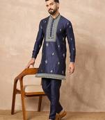 Navy blue silk blend kurta set for men with daman embroidered work