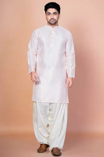 Pink bangalorian silk kurta patiala set for men with embroidery work