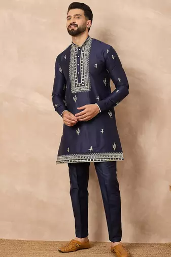 Navy blue silk blend kurta set for men with daman embroidered work