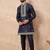 Navy blue silk blend kurta set for men with daman embroidered work