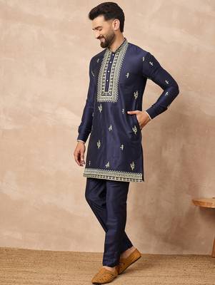 Navy blue silk blend kurta set for men with daman embroidered work 3