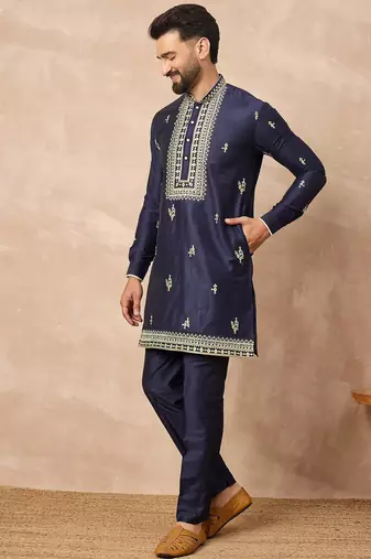 Navy blue silk blend kurta set for men with daman embroidered work