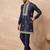 Navy blue silk blend kurta set for men with daman embroidered work